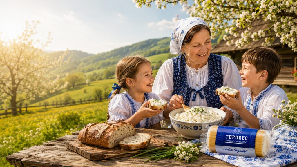Čerstvá ovčia bryndza Toporec podávaná s domácim chlebom v tradičnom slovenskom prostredí.